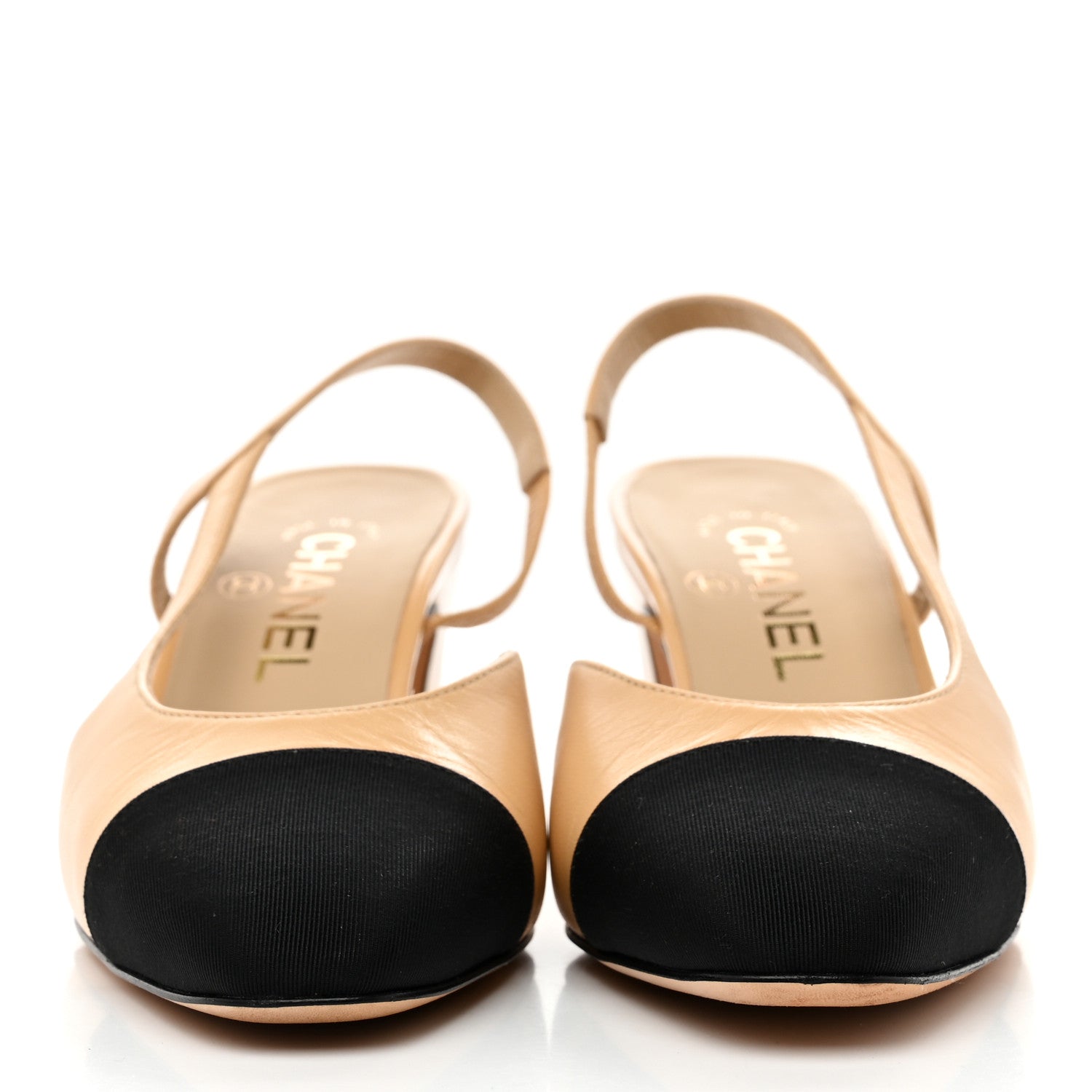 Goatskin Grosgrain Cap Toe CC Slingback Pumps 36.5 Beige Black