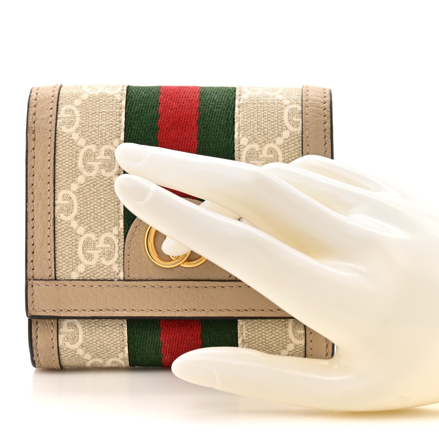 GG Supreme Monogram Textured Dollar Calfskin Web Ophidia Card Case Wallet Beige Mystic White Oatmeal