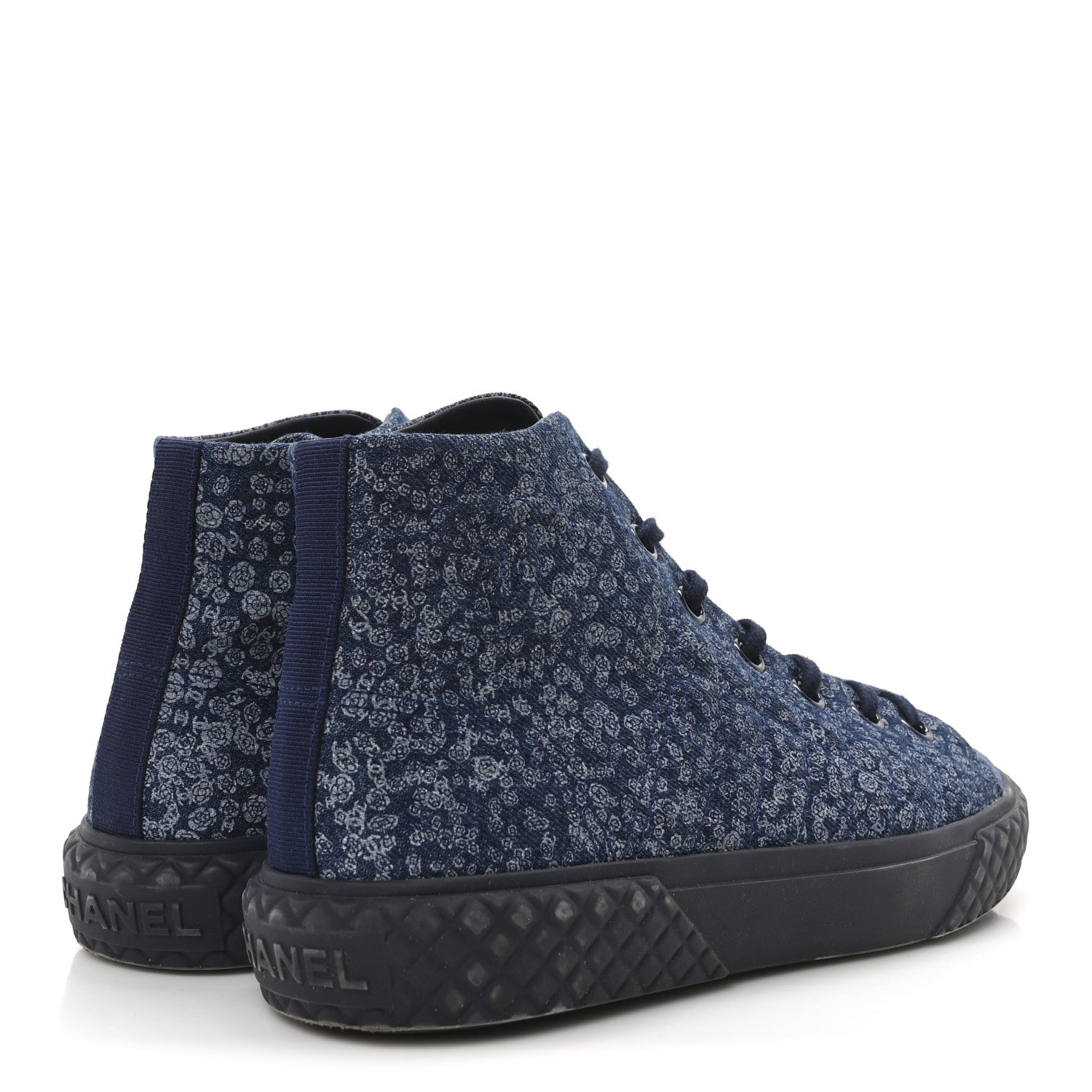 Printed Denim Quilted High Top Sneakers 37.5 Dark Blue