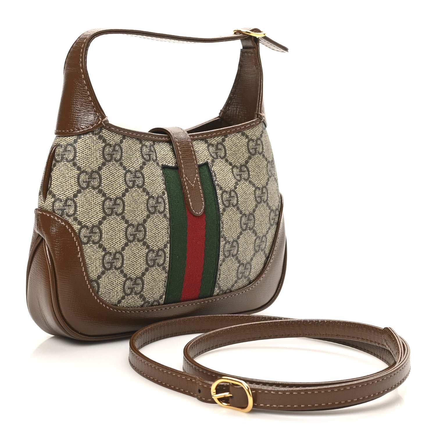 GG Supreme Monogram Azalea Calfskin Web Mini Jackie 1961 Hobo Beige Ebony Brown Sugar
