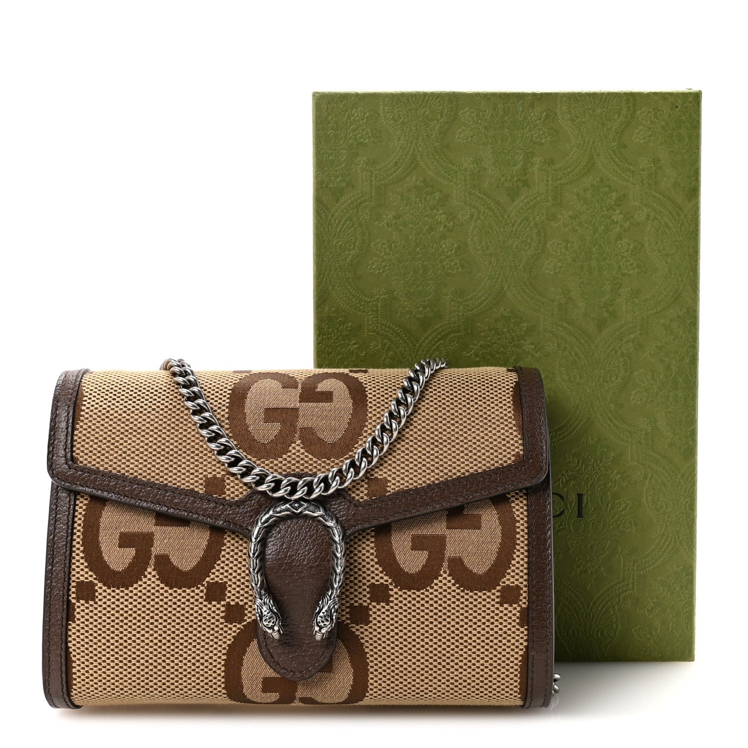 Monogram Jumbo GG Textured Dollar Calfskin Mini Dionysus Chain Wallet Camel Ebony New Acero