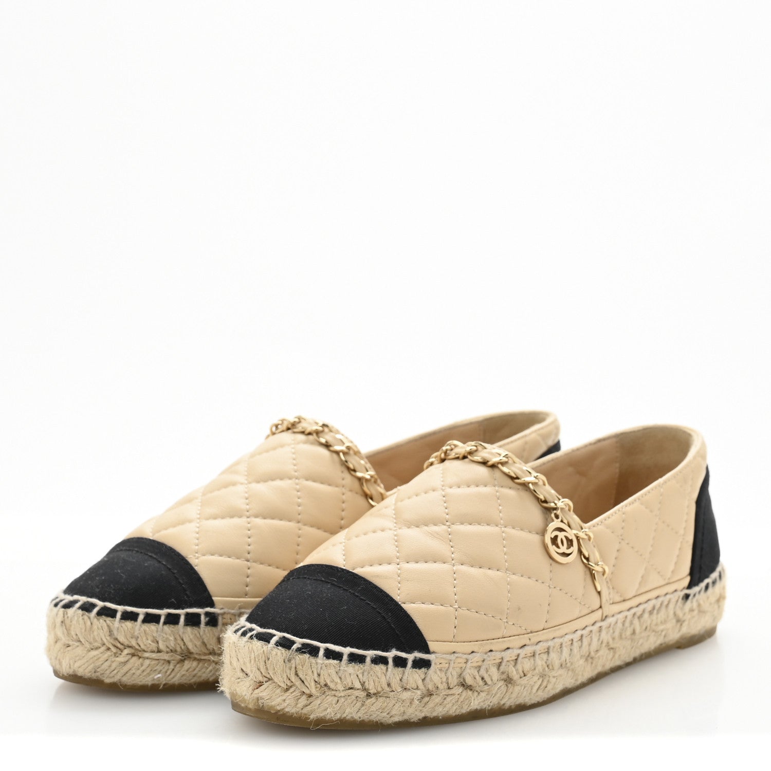 Lambskin Grosgrain Quilted CC Chain Espadrilles 35 Beige Black