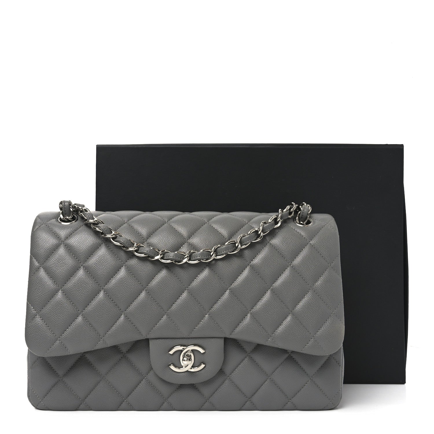 Caviar Quilted Jumbo Double Flap Dark Grey