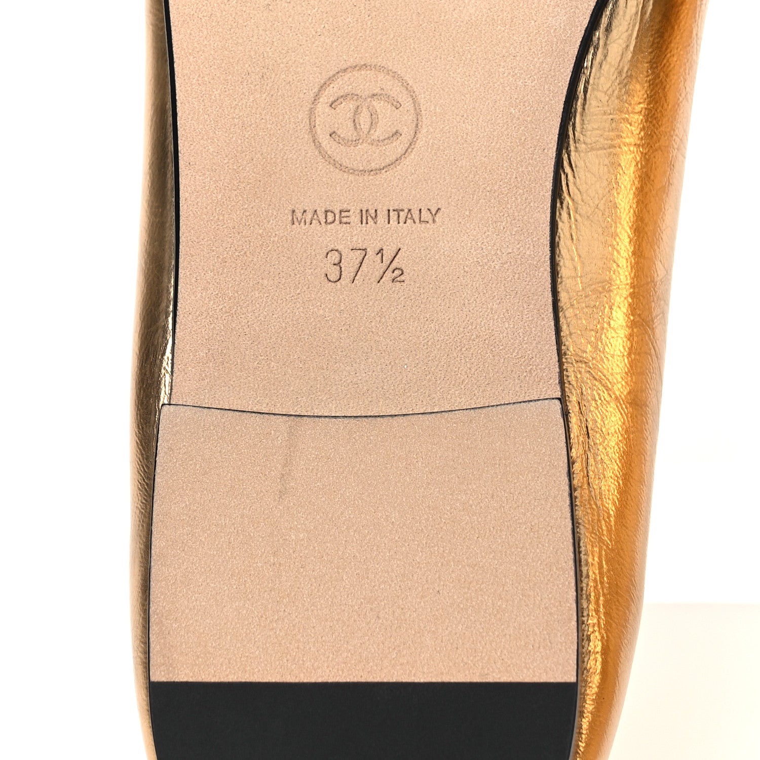 Laminated Crumpled Lambskin Grosgrain Cap Toe CC Ballerina Flats 37.5 Gold Black