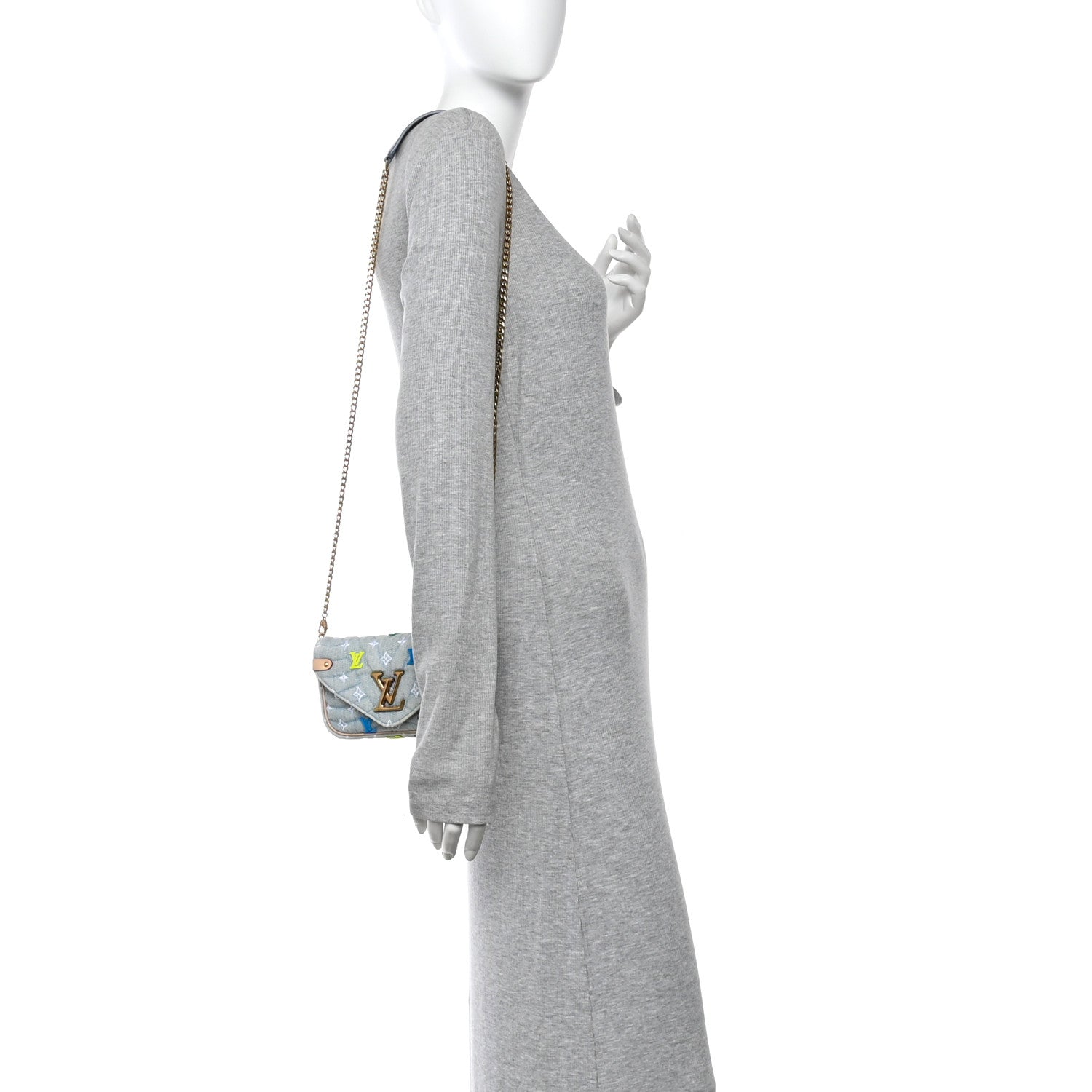 Embroidered Monogram Denim New Wave Chain Pochette Blue
