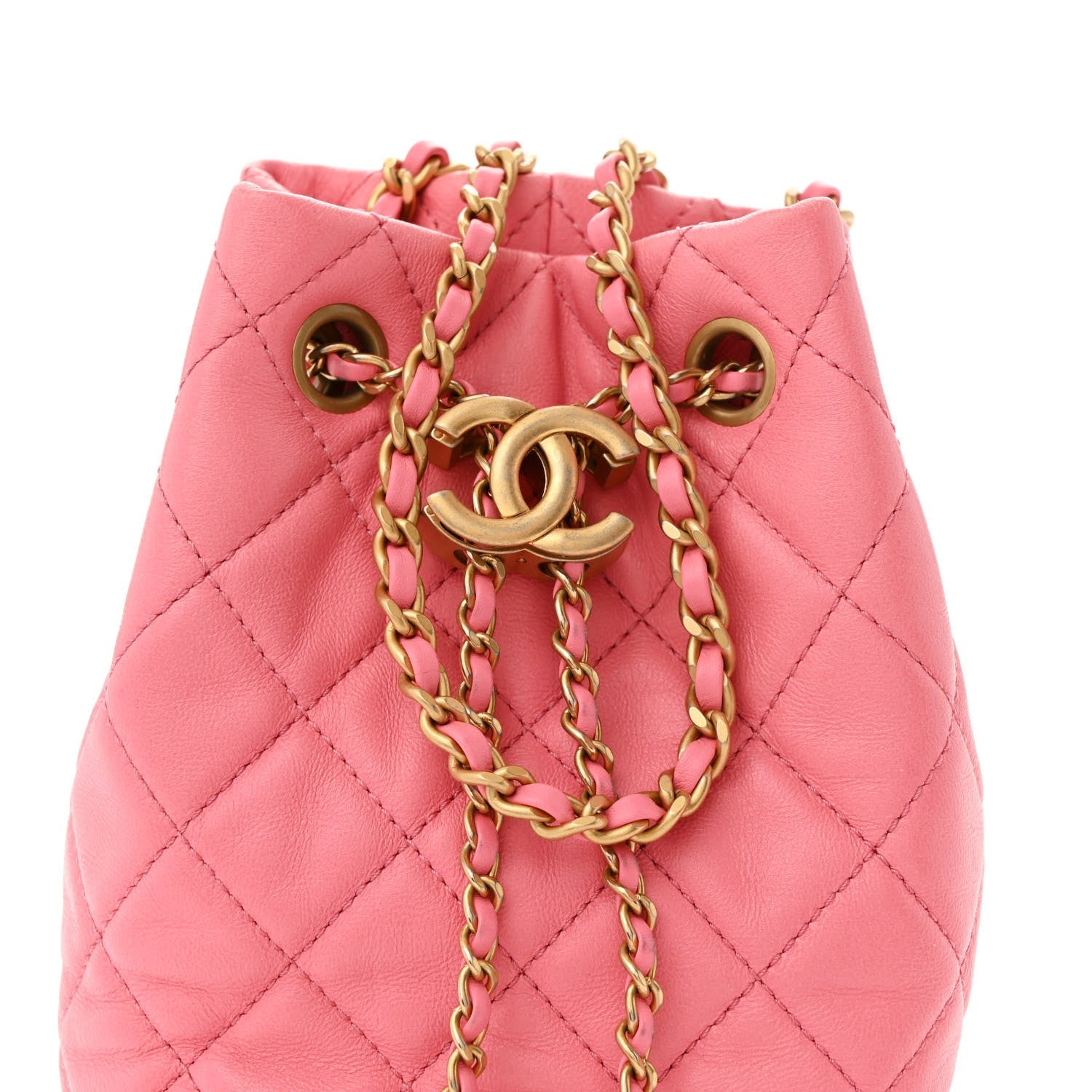 Lambskin Quilted Pearl Crush Drawstring Bag Pink