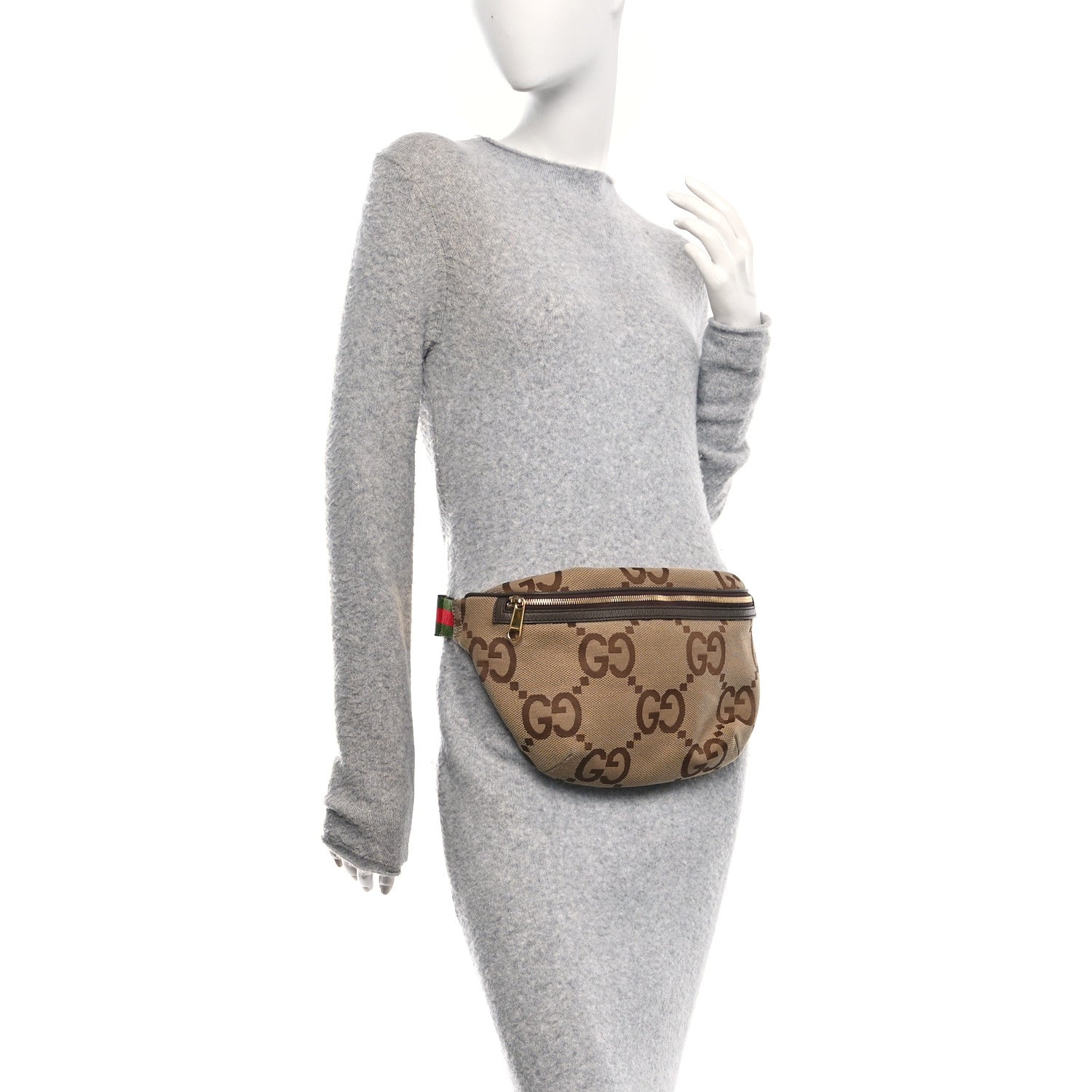 Monogram Jumbo GG Textured Dollar Calfskin Web Belt Bag Camel Ebony New Acero
