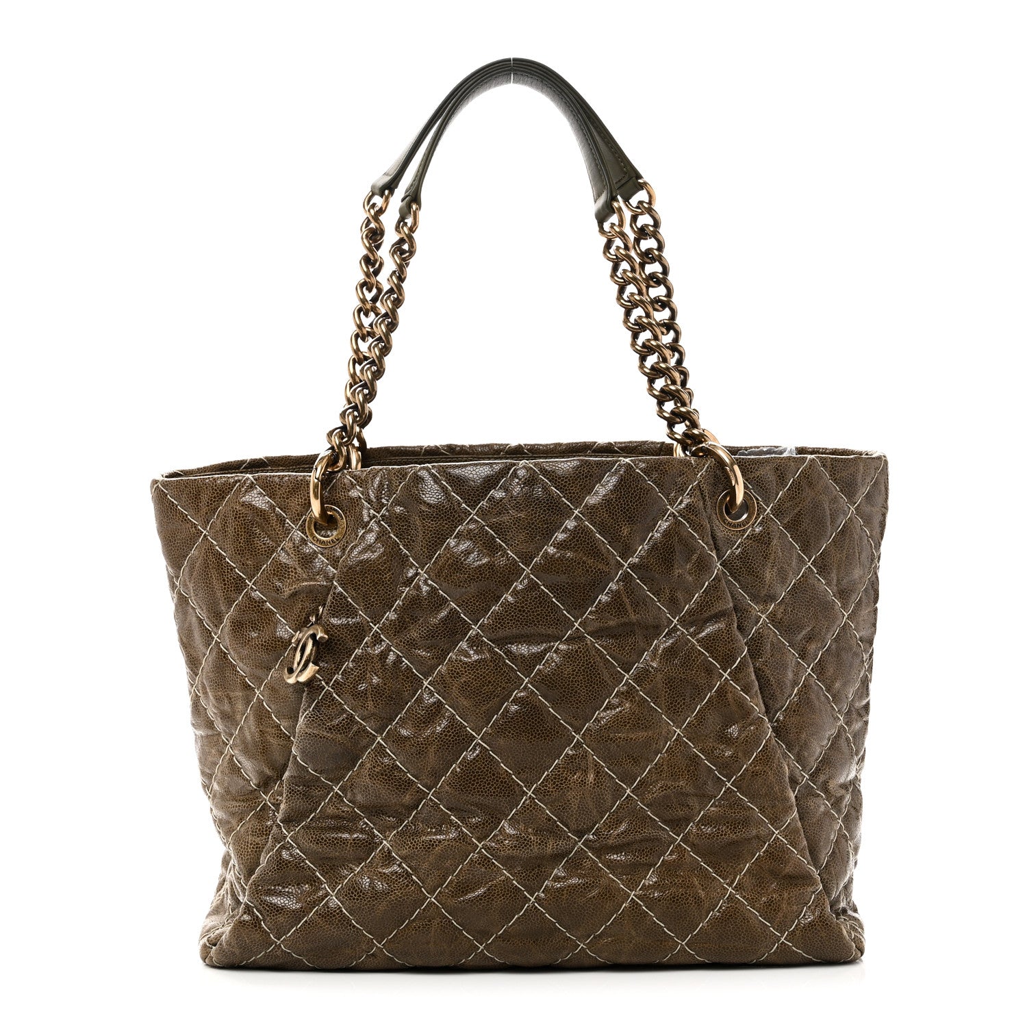 Crumpled Grained Calfskin Large Coco Pleats Tote Khaki