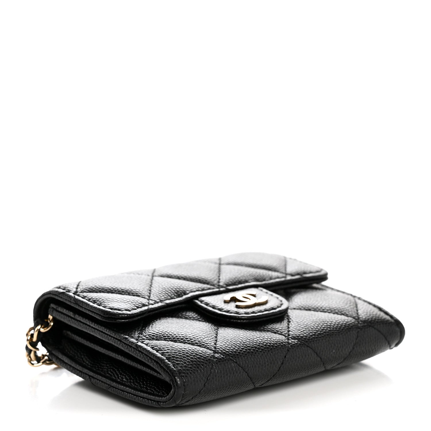 Caviar Quilted Flap Card Holder On Chain Black
