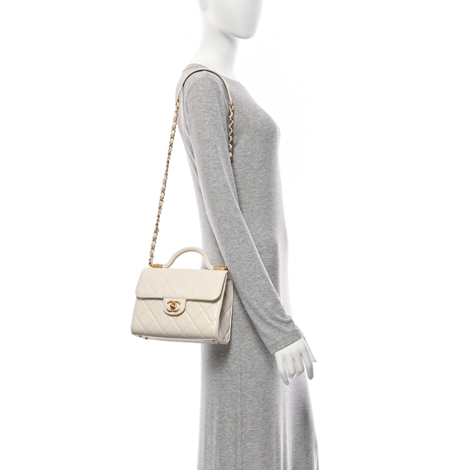 Shiny Caviar Quilted Small Top Handle Flap White