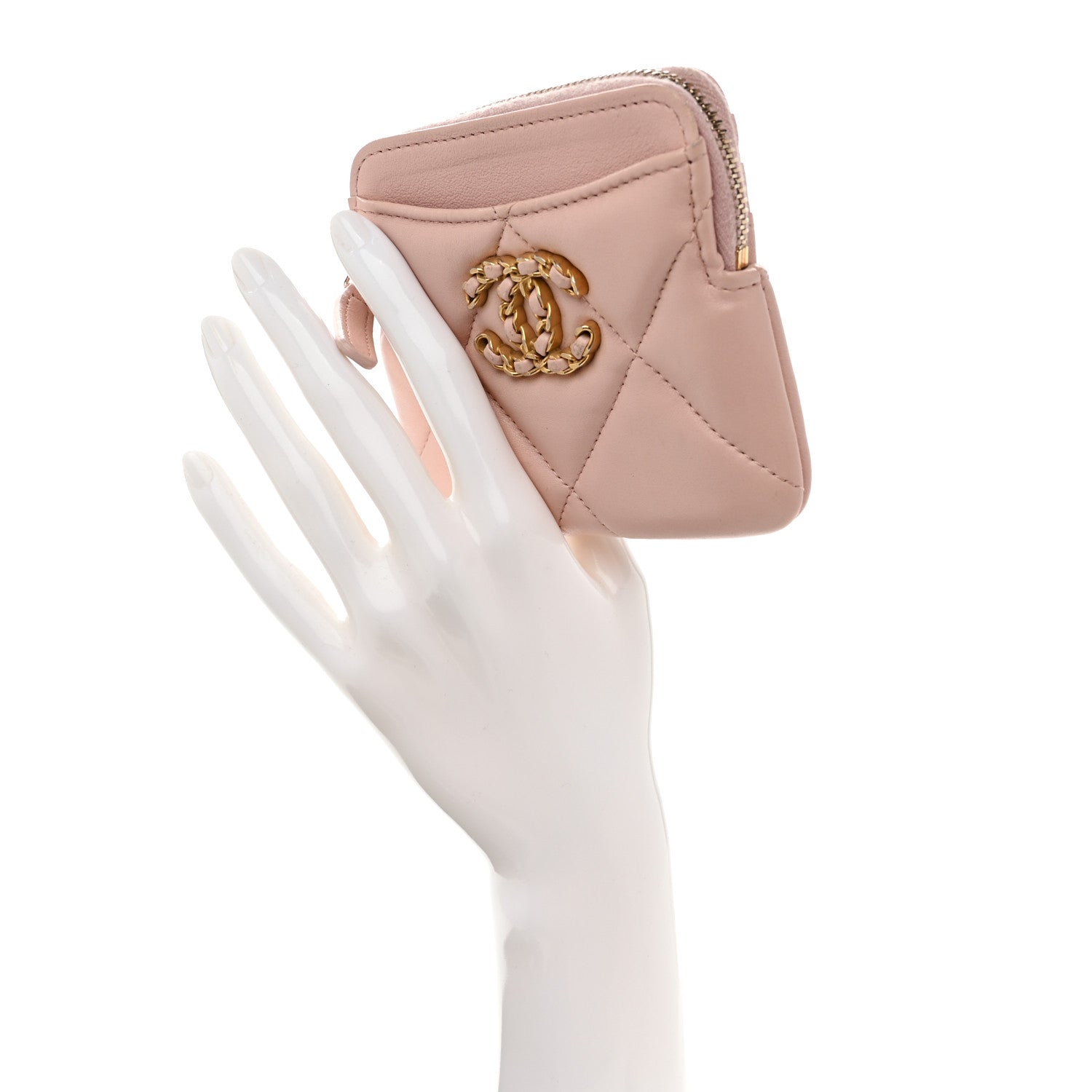 Quilted Chanel 19 Zip Card Holder Wallet Light Pink