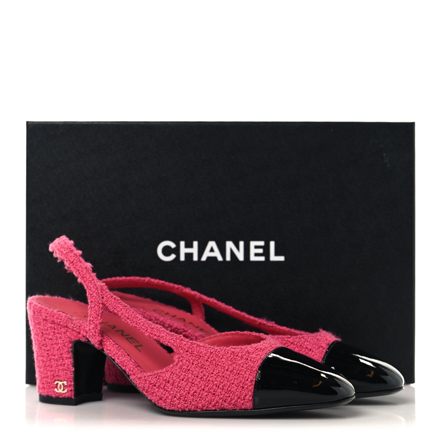 Tweed Patent Cap Toe CC Slingback Pumps 36.5 Pink Black