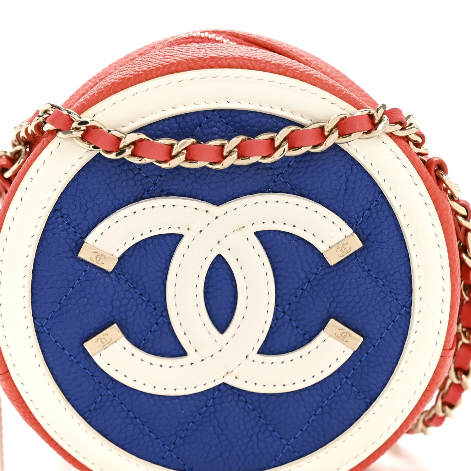 Caviar Quilted Round Filigree Crossbody Blue White Red