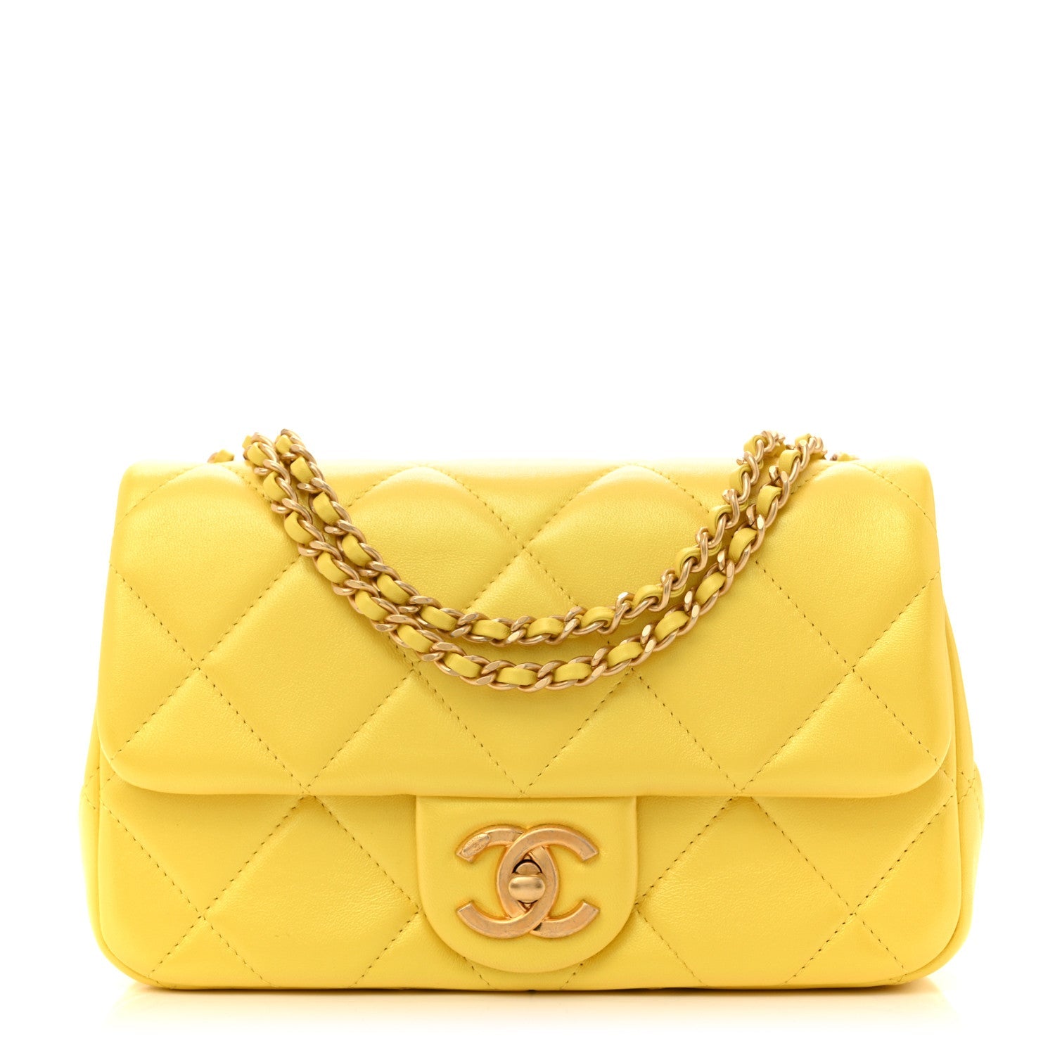 Pearly Lambskin Pearl Quilted Small Flap Yellow