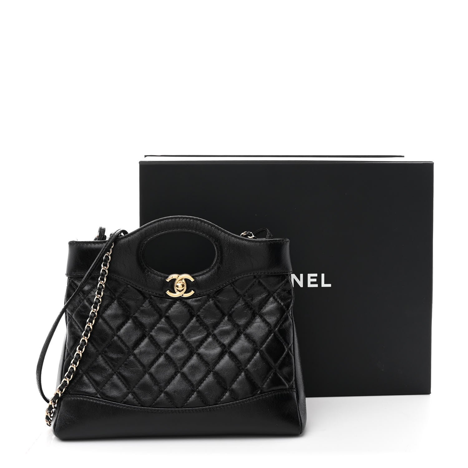Shiny Crumpled Calfskin Quilted Mini 31 Shopping Bag Black