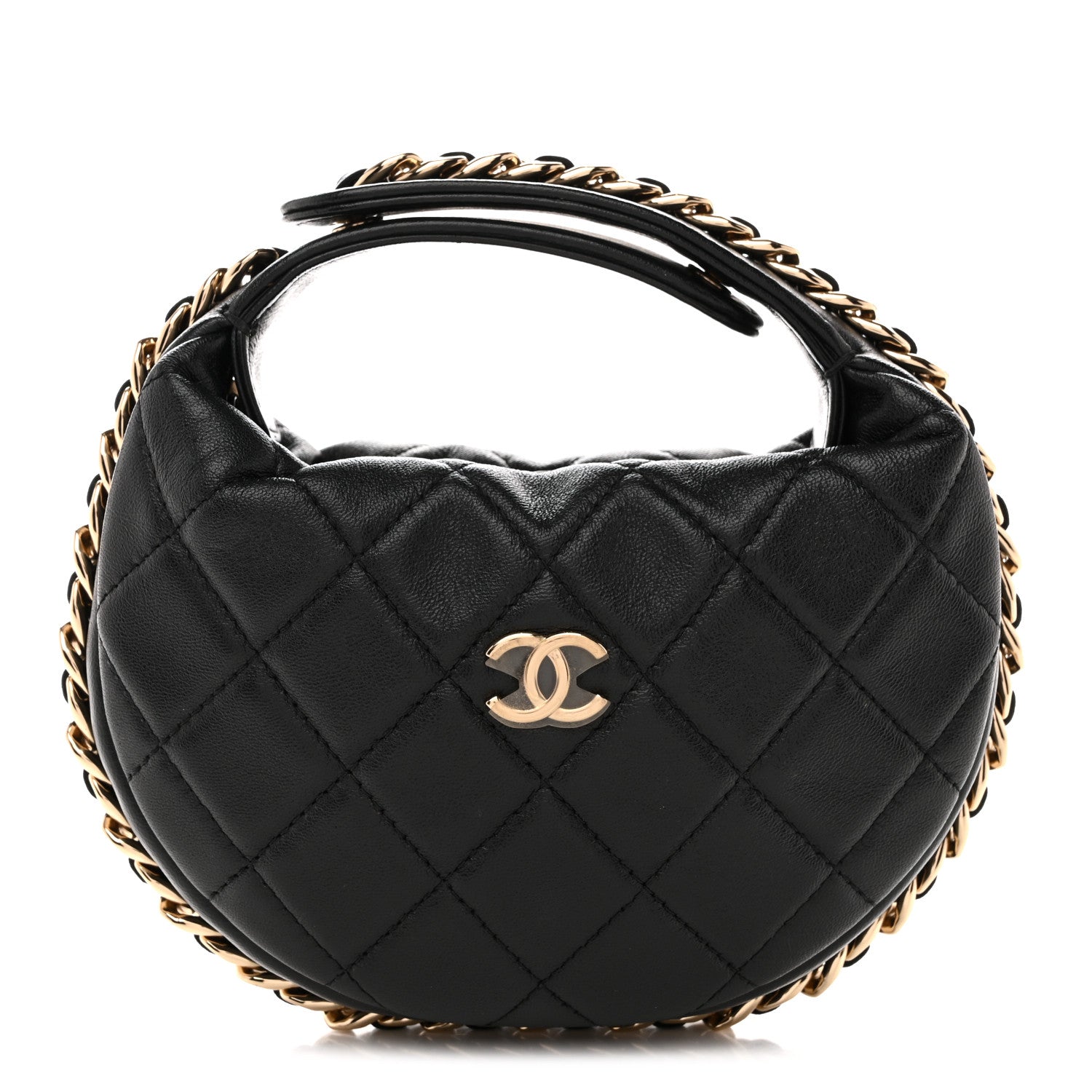 Lambskin Quilted Chain Around Pouch Hobo Black