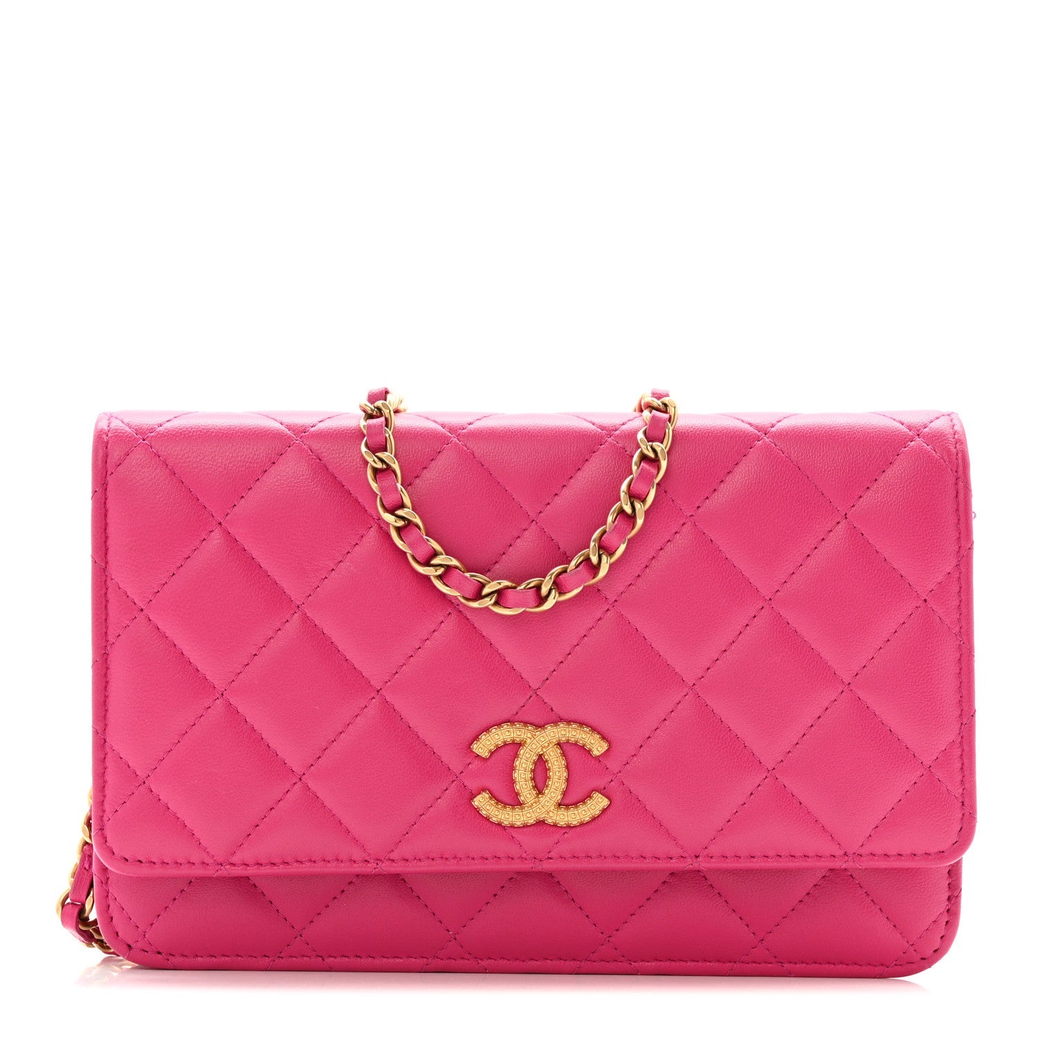 Lambskin Quilted Studded CC Wallet On Chain WOC Dark Pink