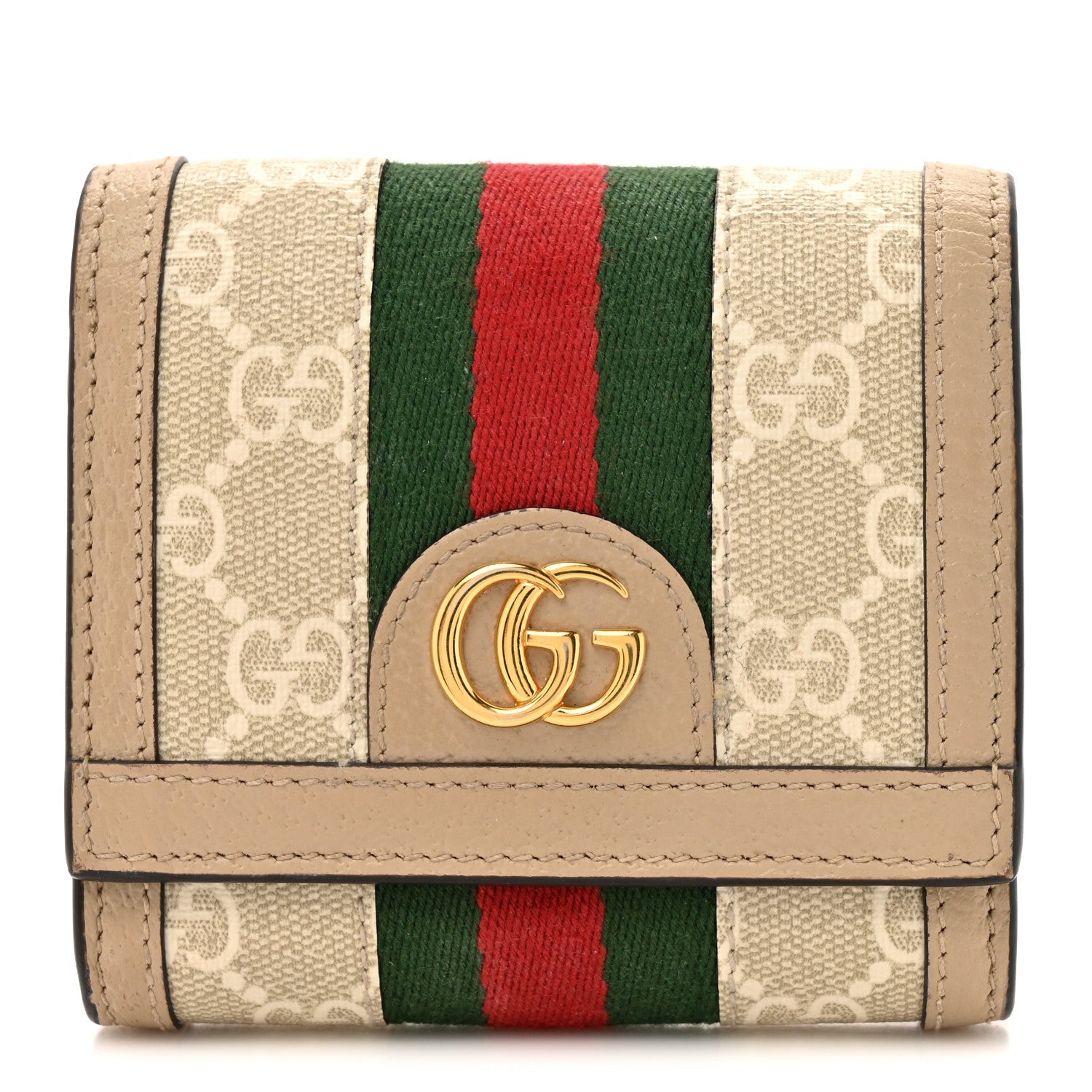 GG Supreme Monogram Textured Dollar Calfskin Web Ophidia Card Case Wallet Beige Mystic White Oatmeal