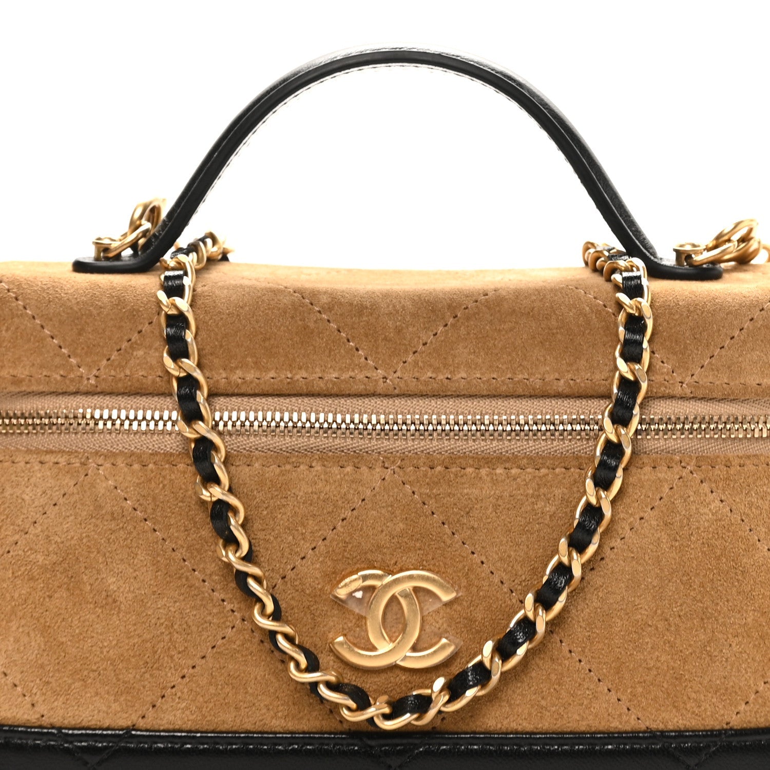 Suede Calfskin Shiny Lambskin Stitched Top Handle Slim Vanity Case With Chain Beige Black