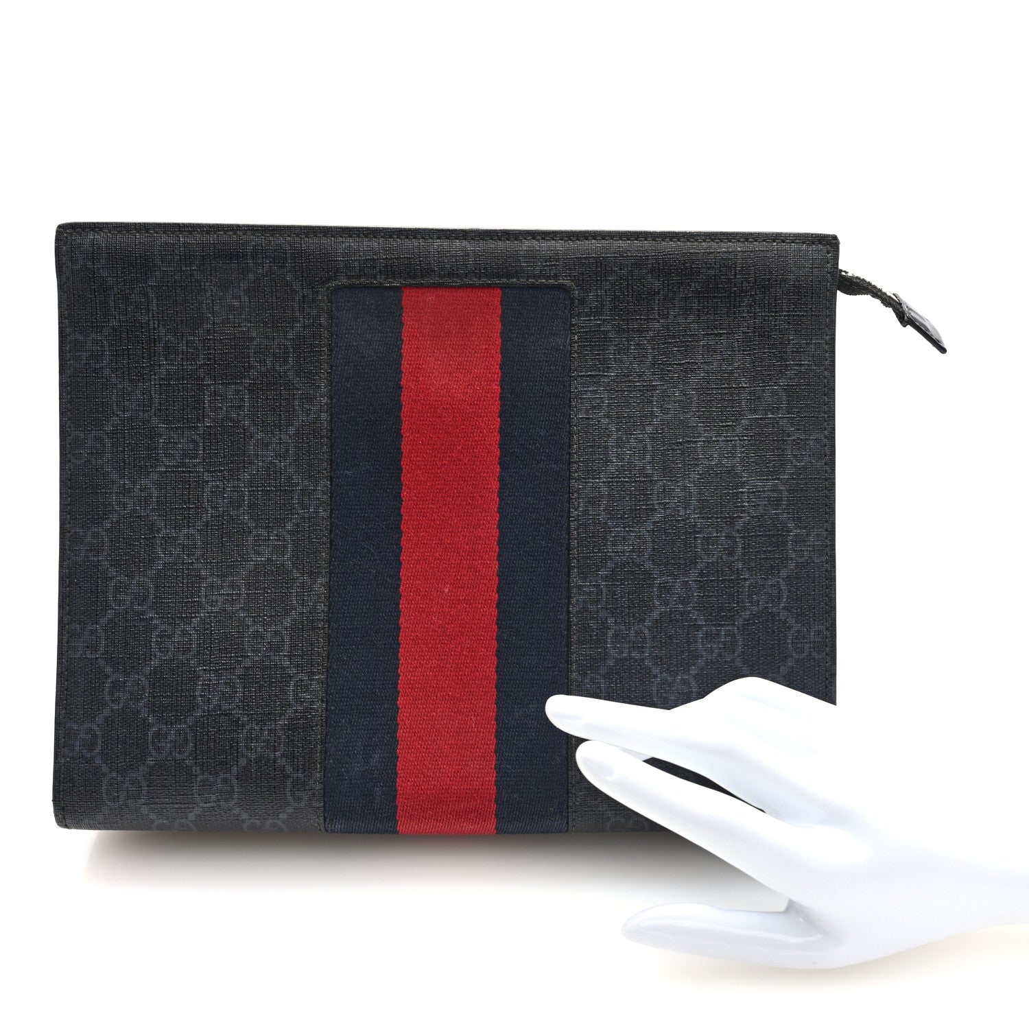 GG Supreme Monogram Selleria Calfskin Web New Web Cosmetic Case Black