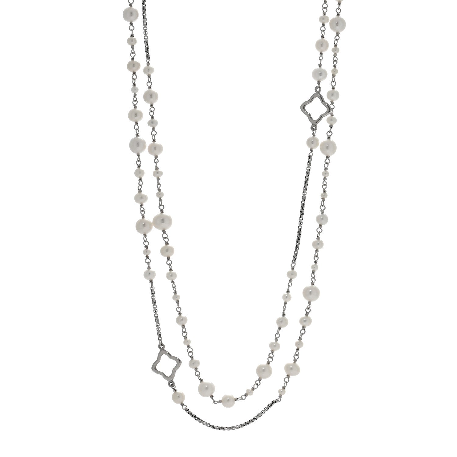 Sterling Silver Cultured Pearl Quatrefoil Long Chain Necklace