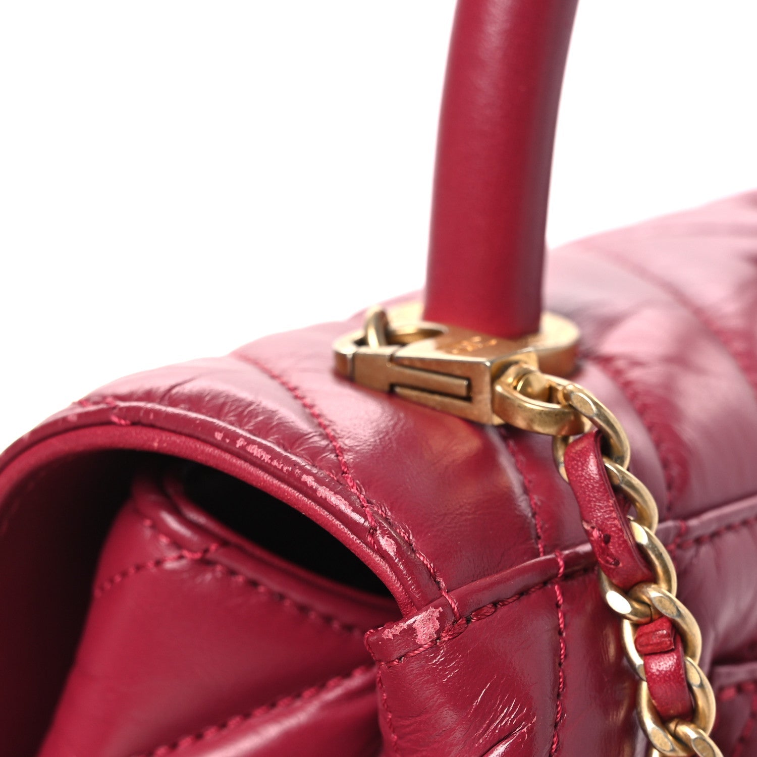 Aged Calfskin Chevron Quilted Mini Coco Handle Flap Dark Pink