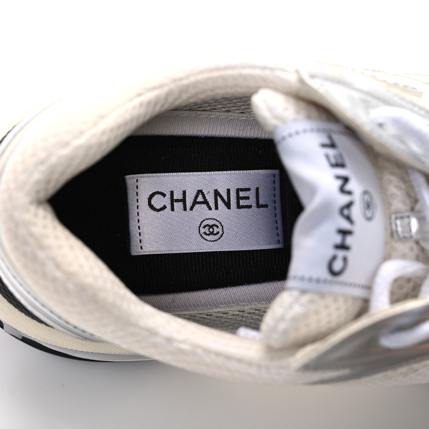 Fabric Laminated Calfskin Stretch CC Womens Sneakers 40 White Silver