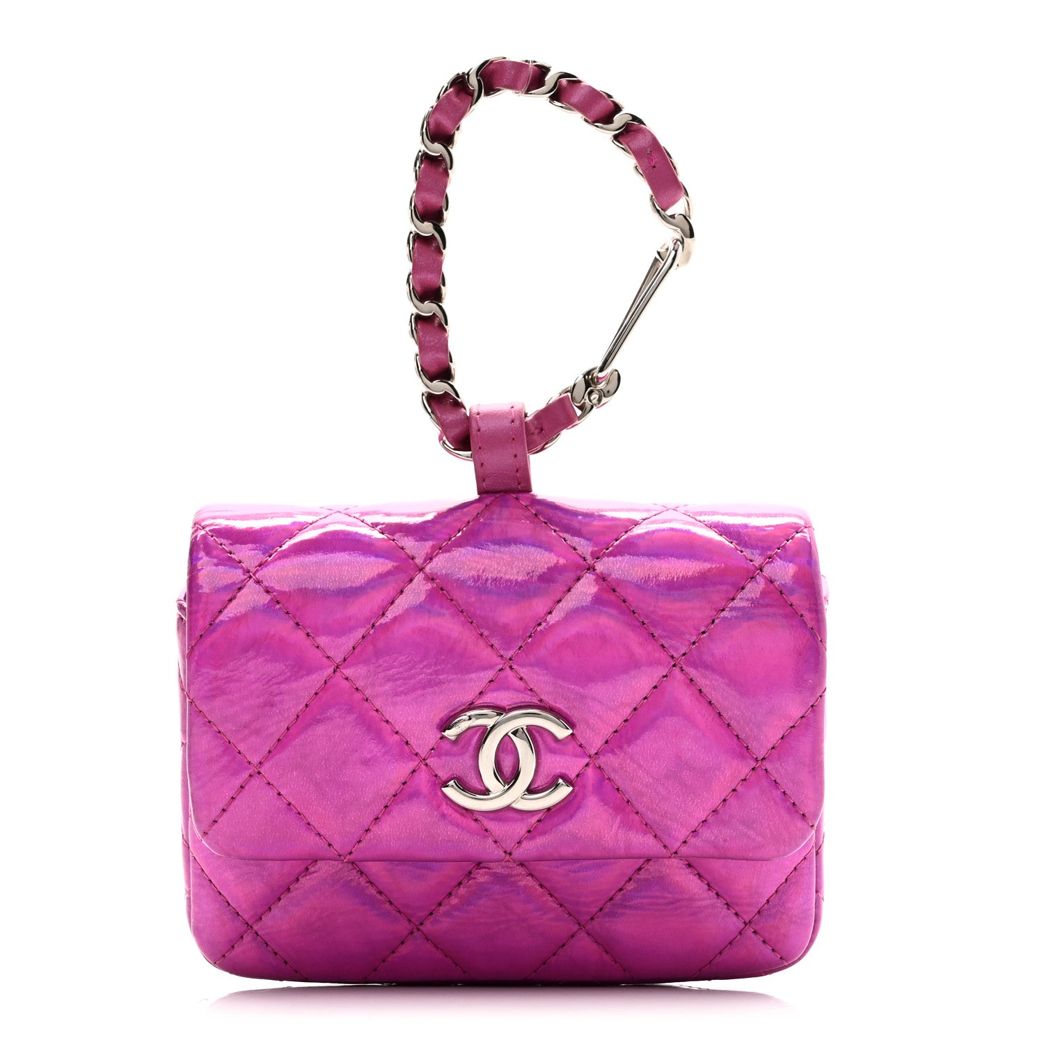 Patent Lambskin Quilted CC Hook Card Holder Pink