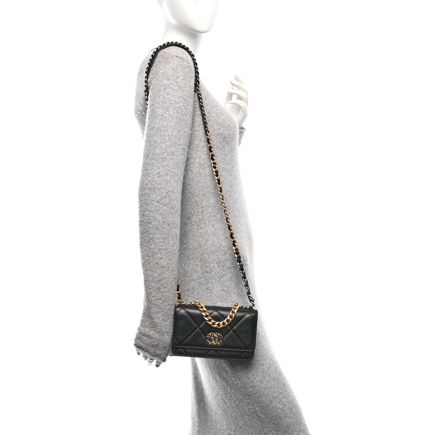 Goatskin Quilted Chanel 19 Wallet On Chain WOC Black
