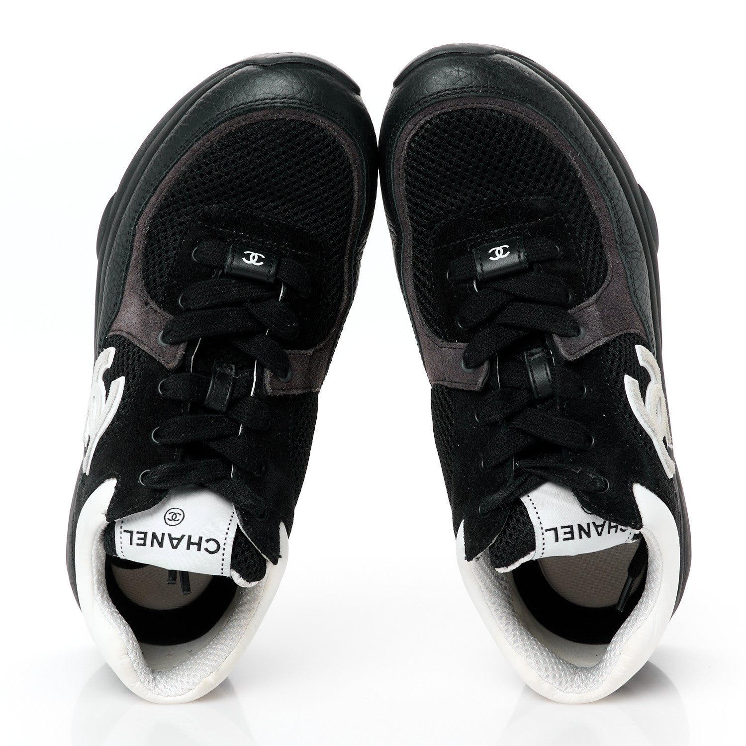 Mesh Suede Grained Calfskin Womens CC Sneakers 37.5 Black White
