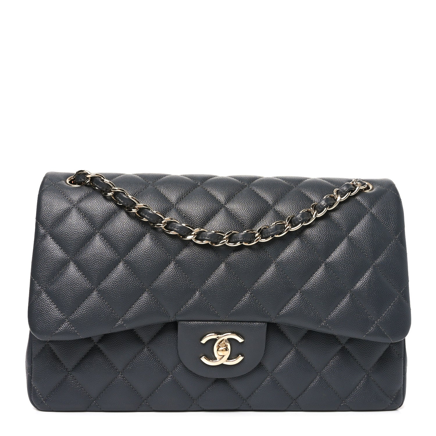 Caviar Quilted Jumbo Double Flap Dark Grey