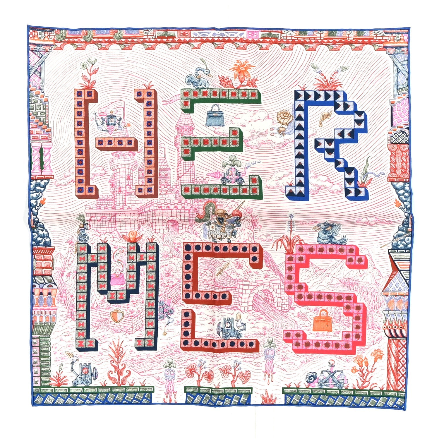 Silk Twill Super Silk Quest Detail Scarf 45 Rose Bleu Vert