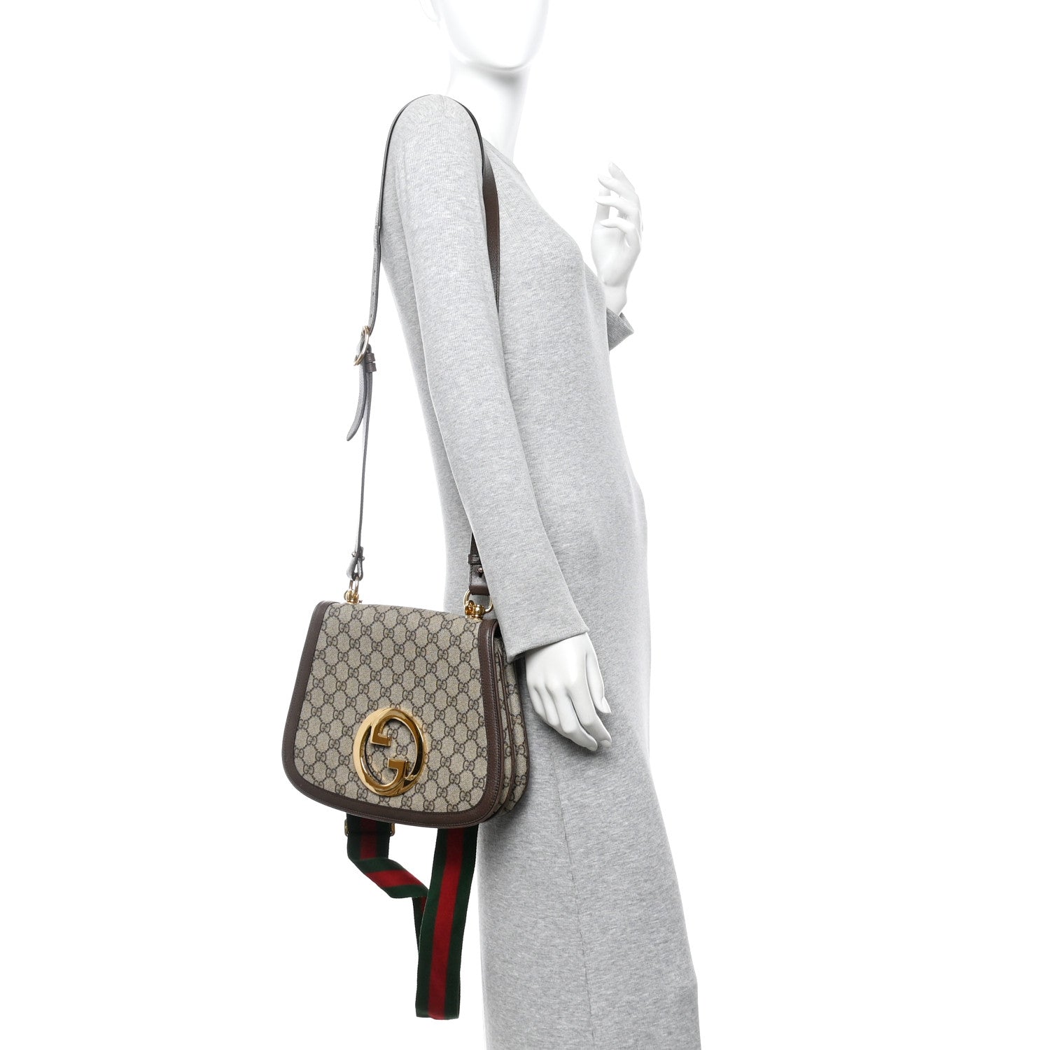 GG Supreme Monogram Textured Dollar Calfskin Web Medium Blondie Shoulder Flap Bag Beige Ebony New Acero