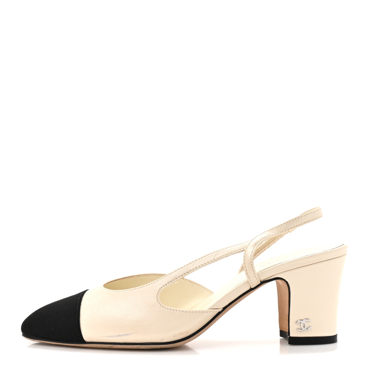 Lambskin Grosgrain Cap Toe CC Slingback Pumps 38 White Black