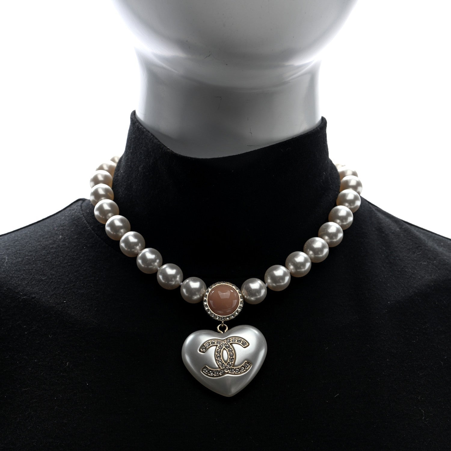 Pearl Crystal CC Heart Short Necklace Gold Pearly White Pink
