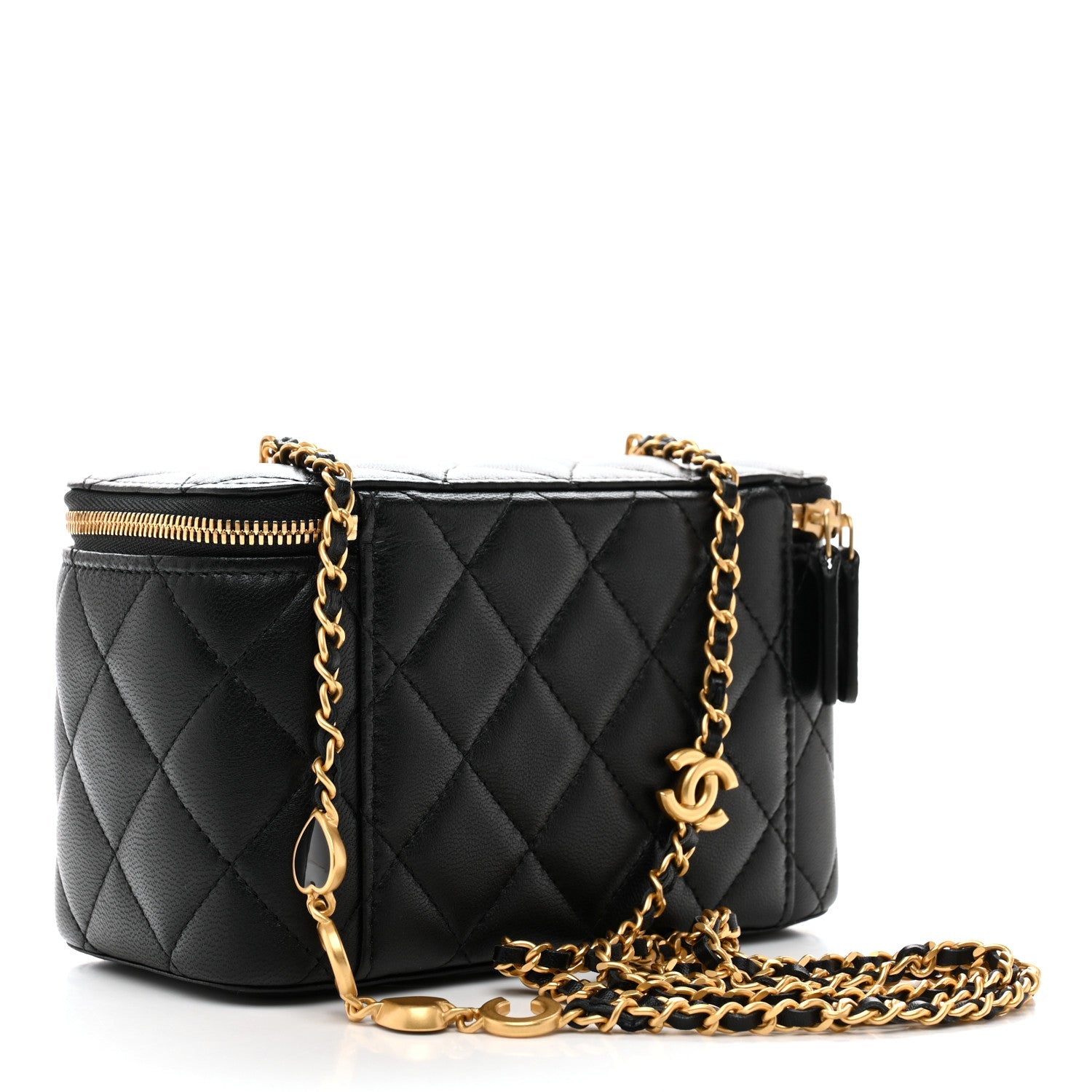 Lambskin Enamel Quilted Small Coco Hearts Vanity Case With Chain Black