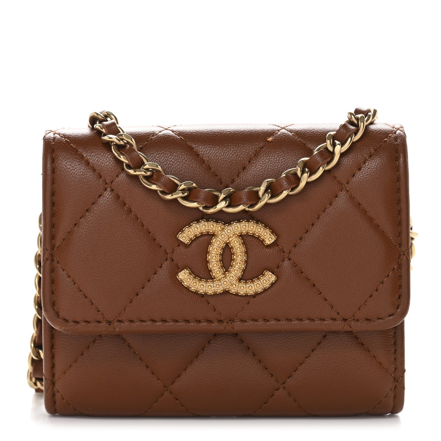 Lambskin Quilted Studded CC Clutch With Chain Brown