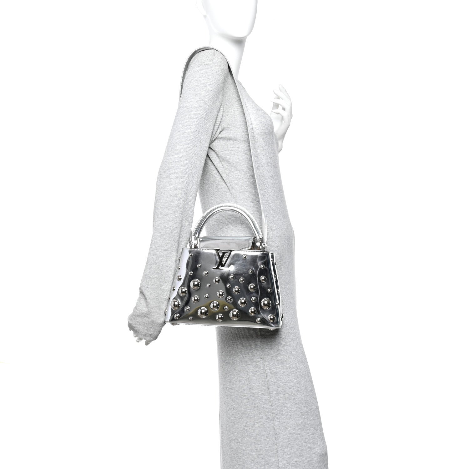 LV X YK Metallic Taurillon Brass Metal Dots Capucines BB Silver