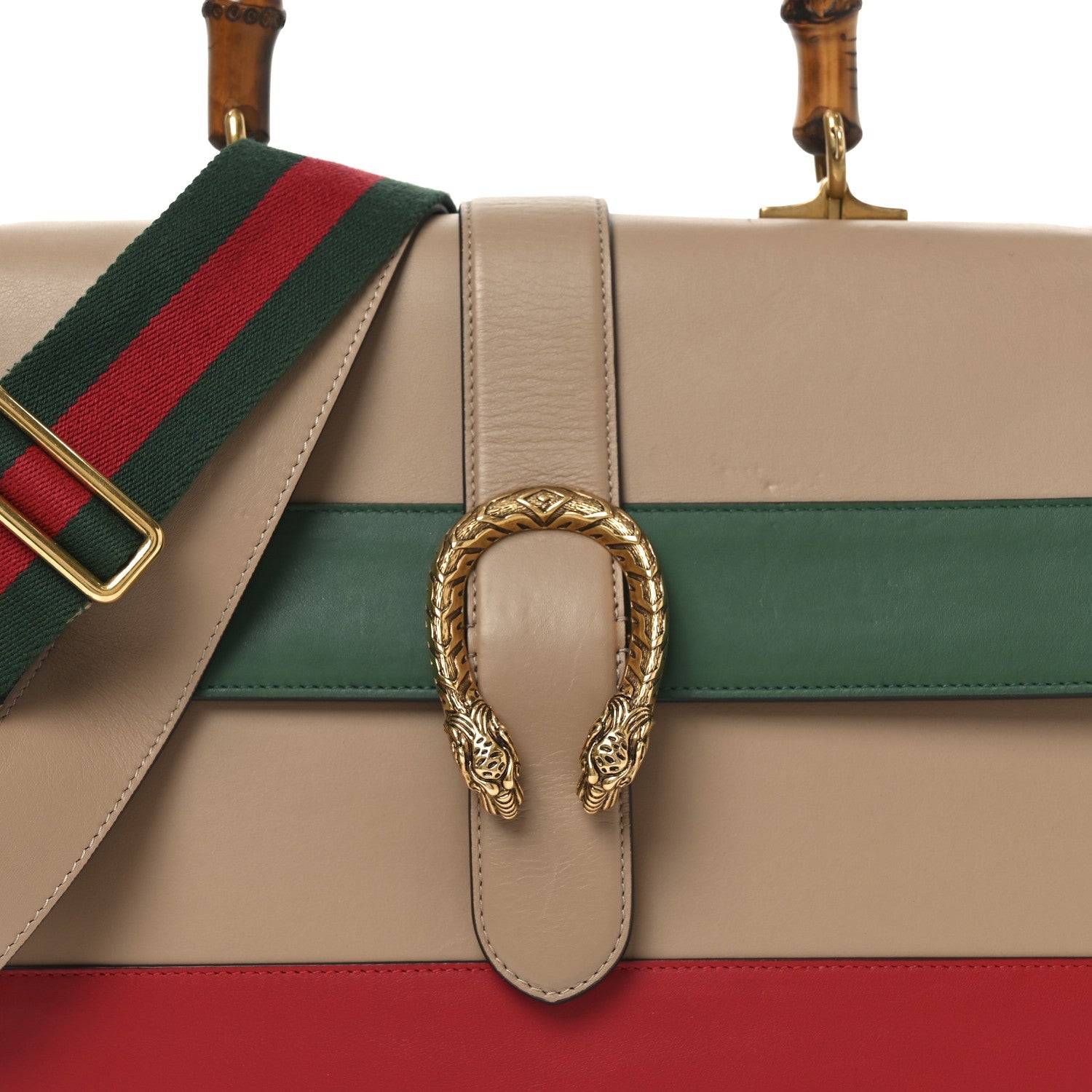 Moon Calfskin Web Large Dionysus Bamboo Top Handle Bag Camelia Bright Evergreen Hibiscus Red