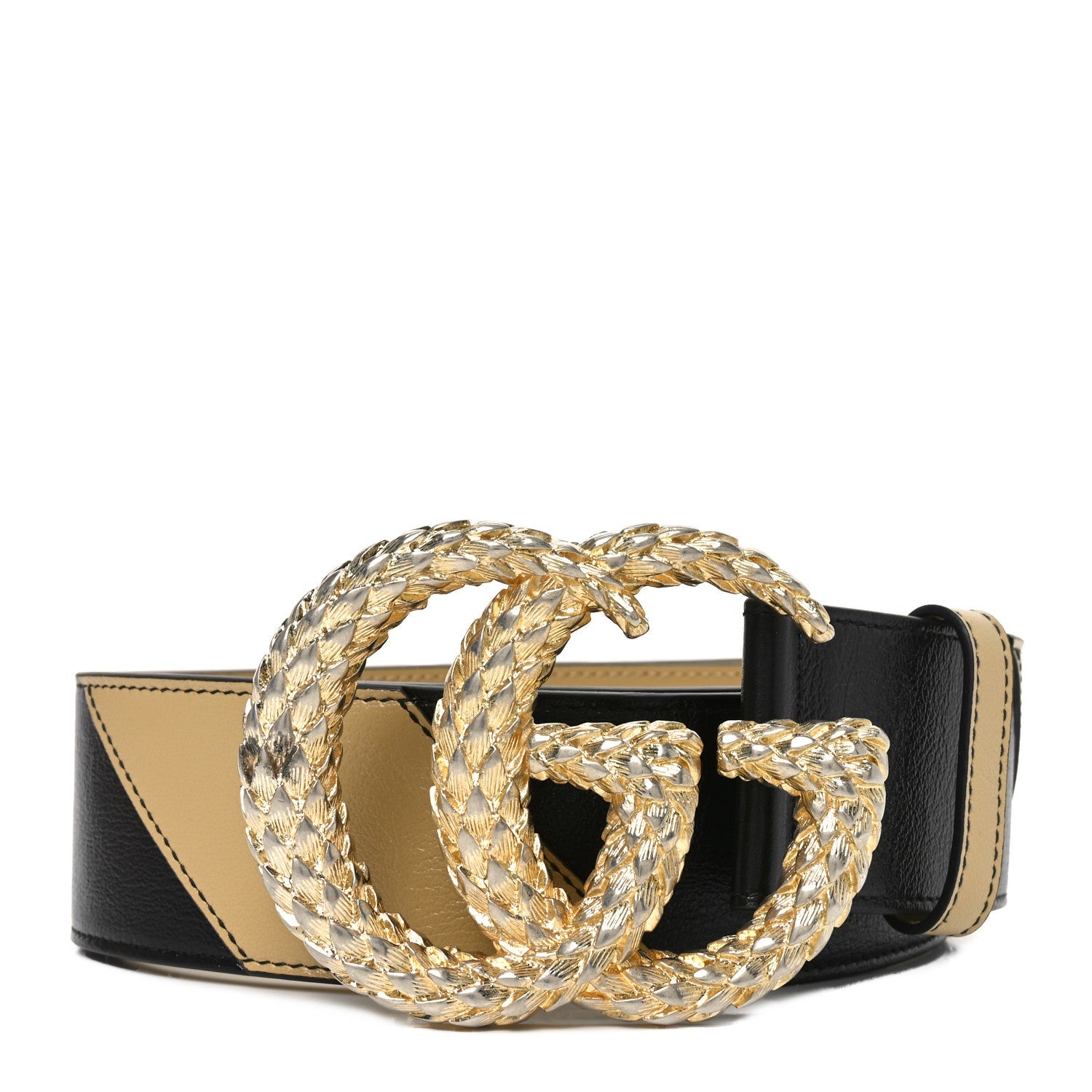 Calfskin Striped Textured Double G 50mm Belt 95 38 Black Beige