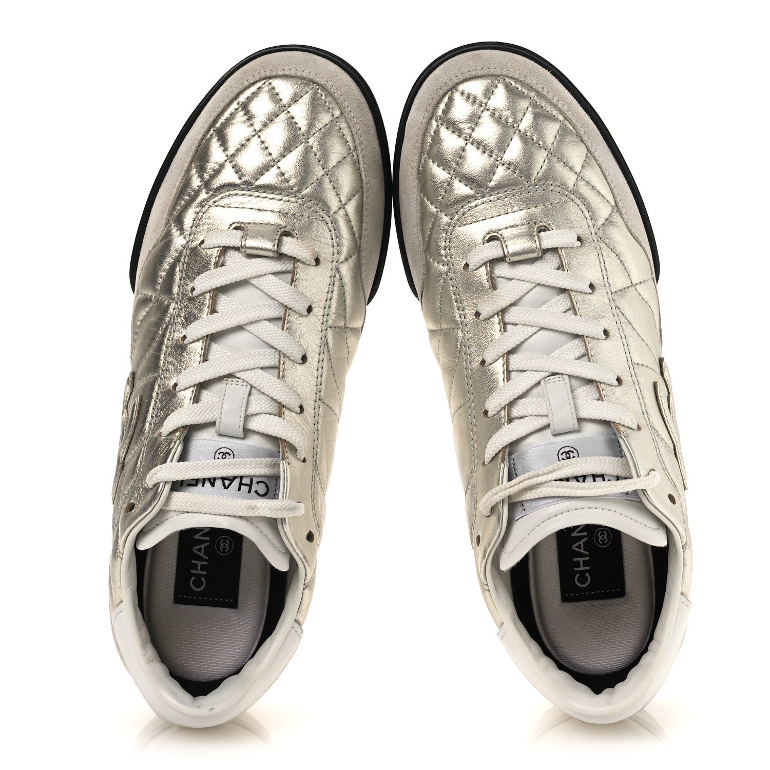 Laminated Calfskin Suede Quilted Womens CC Sneakers 39 Silver White