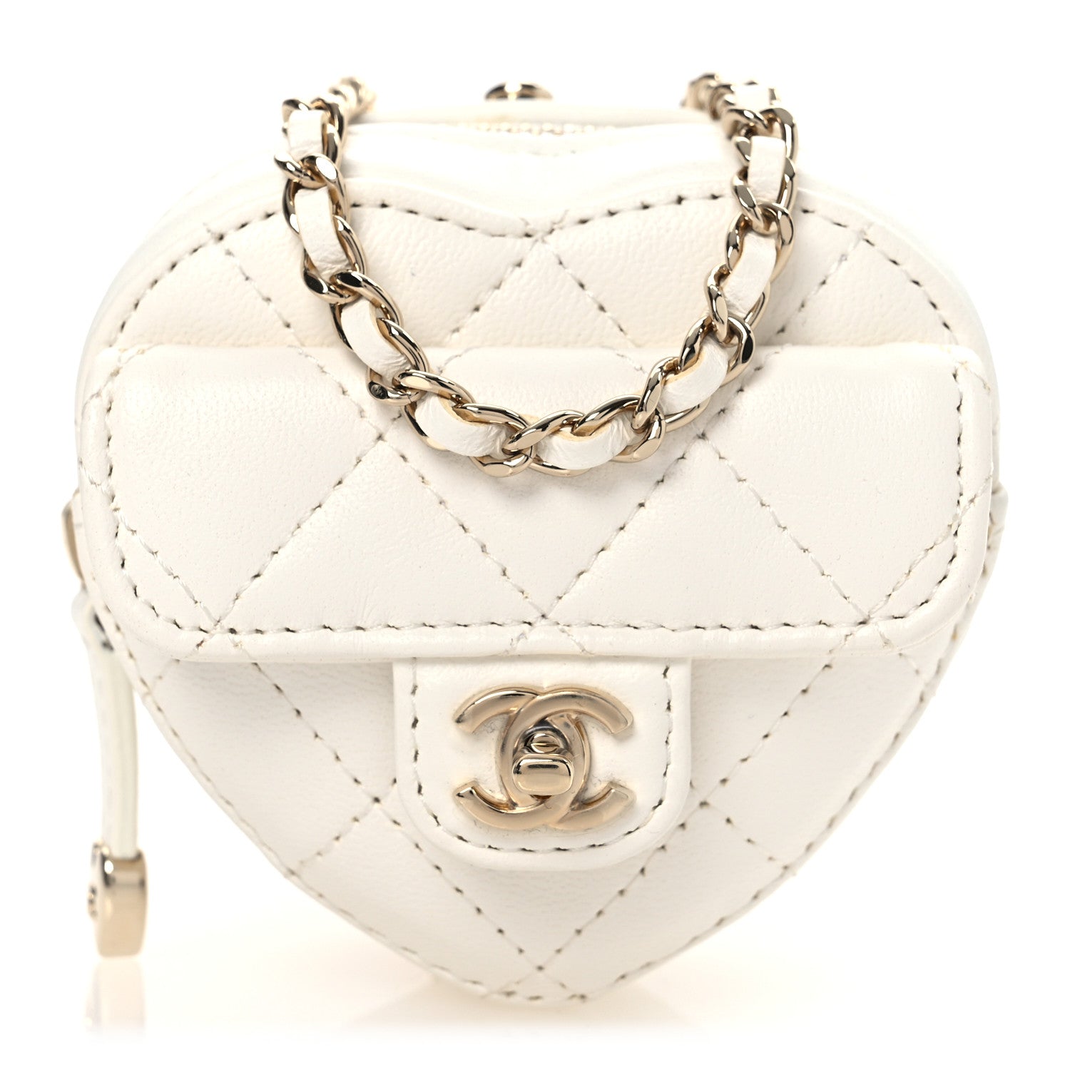 Lambskin Quilted CC In Love Heart Coin Purse With Chain White