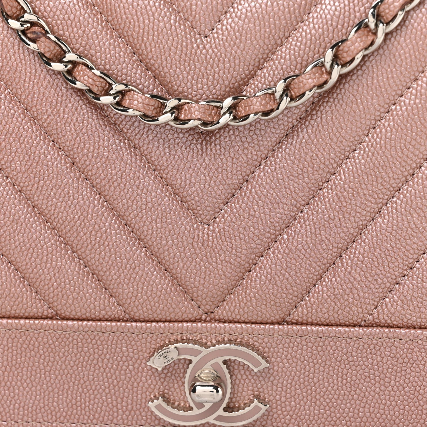 Metallic Caviar Chevron Quilted Vintage Mademoiselle Wallet On Chain WOC Pink