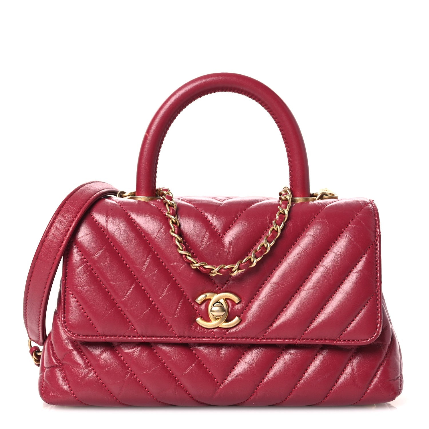 Aged Calfskin Chevron Quilted Mini Coco Handle Flap Dark Pink