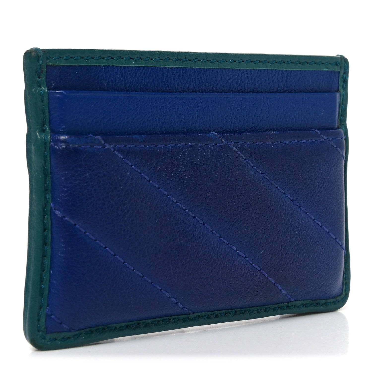 Azalea Calfskin Matelasse Diagonal Enamel Torchon GG Marmont Card Holder Imperial Blue Pavone