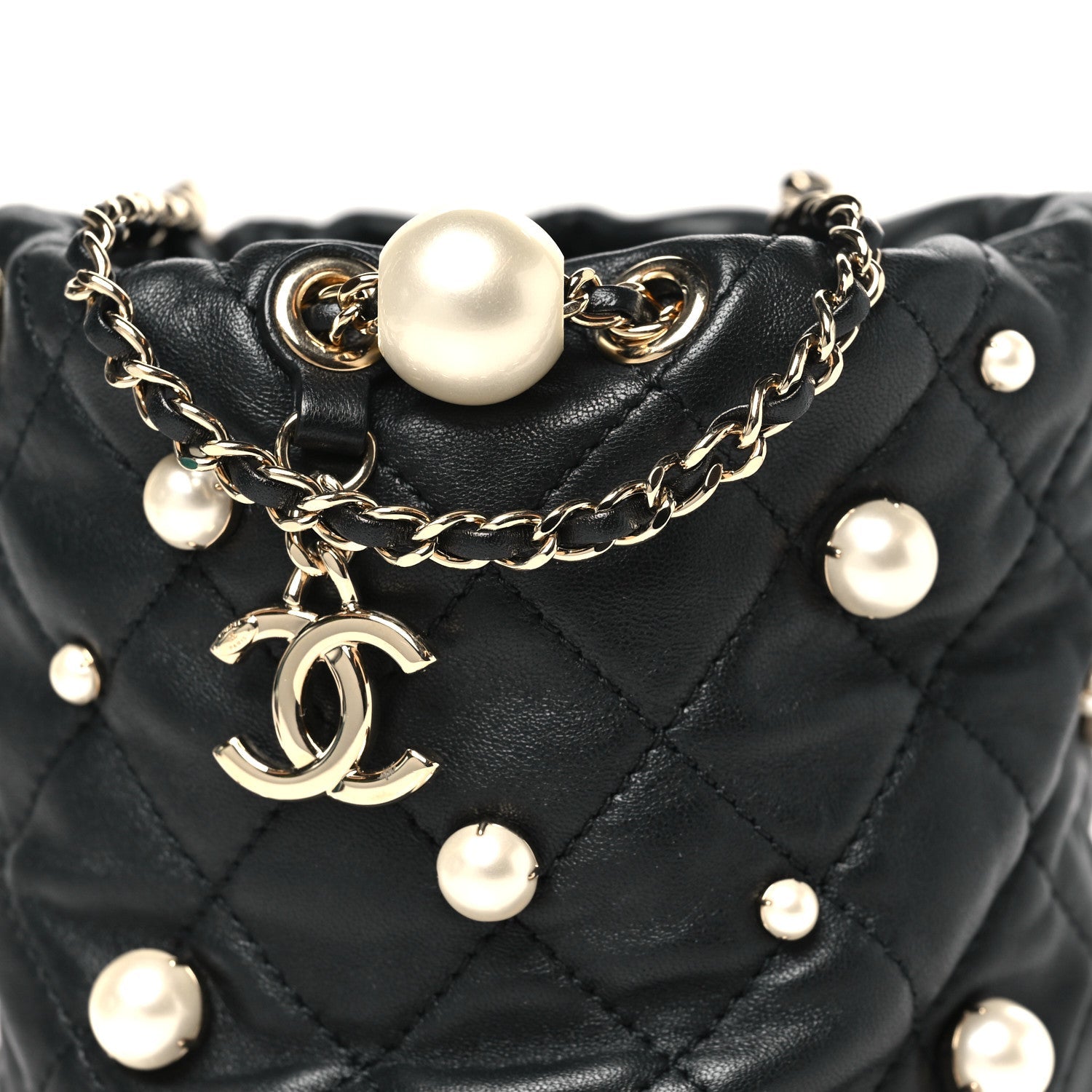 Lambskin Quilted Pearl Mini About Pearls Drawstring Bag Black