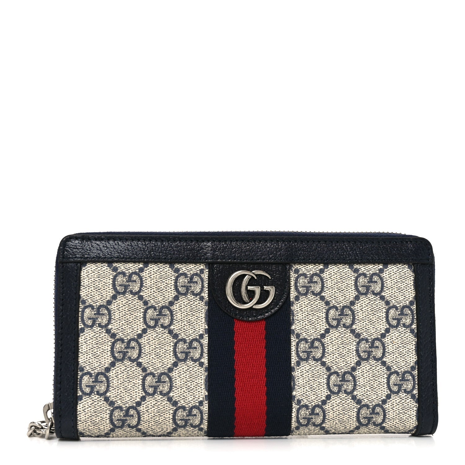 GG Supreme Monogram Textured Dollar Calfskin Web Ophidia Zip Around Wallet Beige Blue