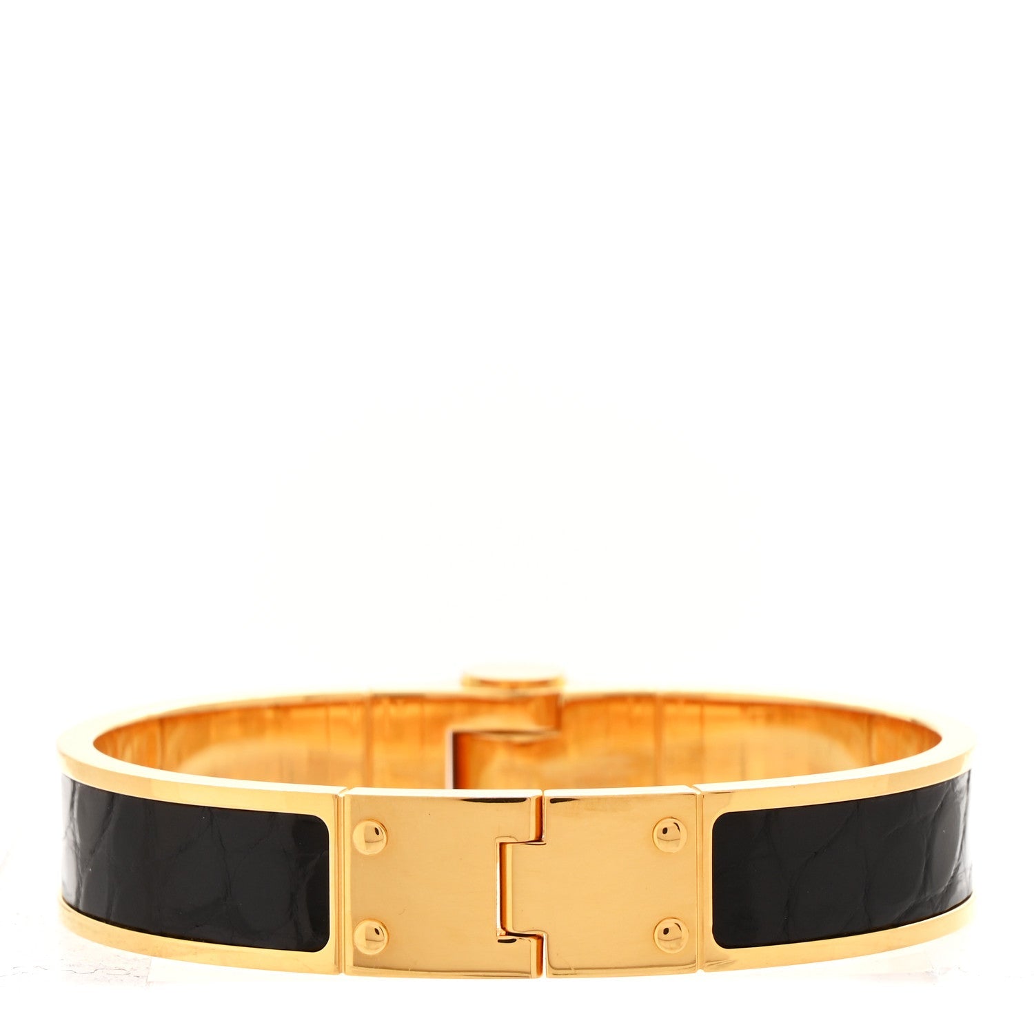 Shiny Alligator Charniere Cuir Narrow Hinged Bracelet M Black
