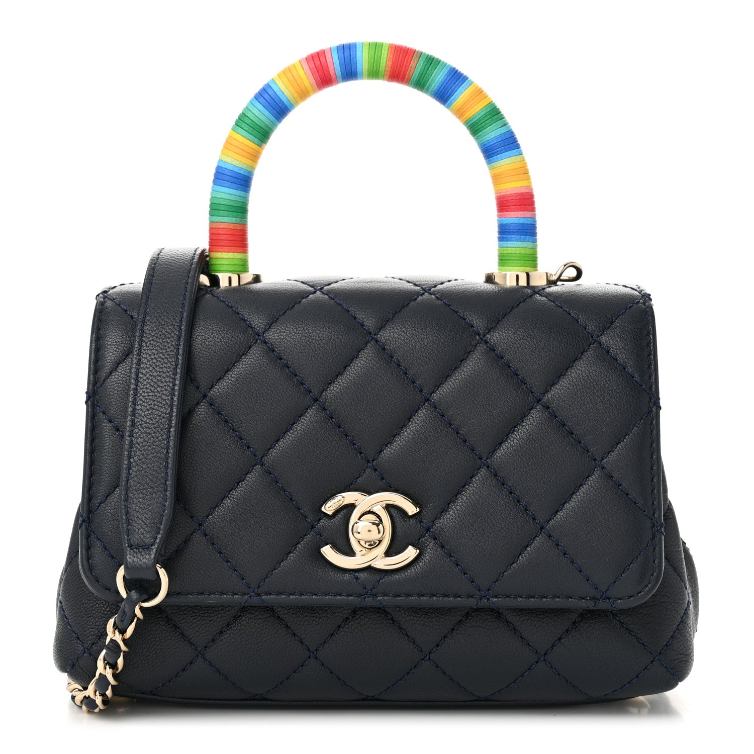 Goatskin Quilted Extra Mini Rainbow Coco Handle Flap Navy Blue