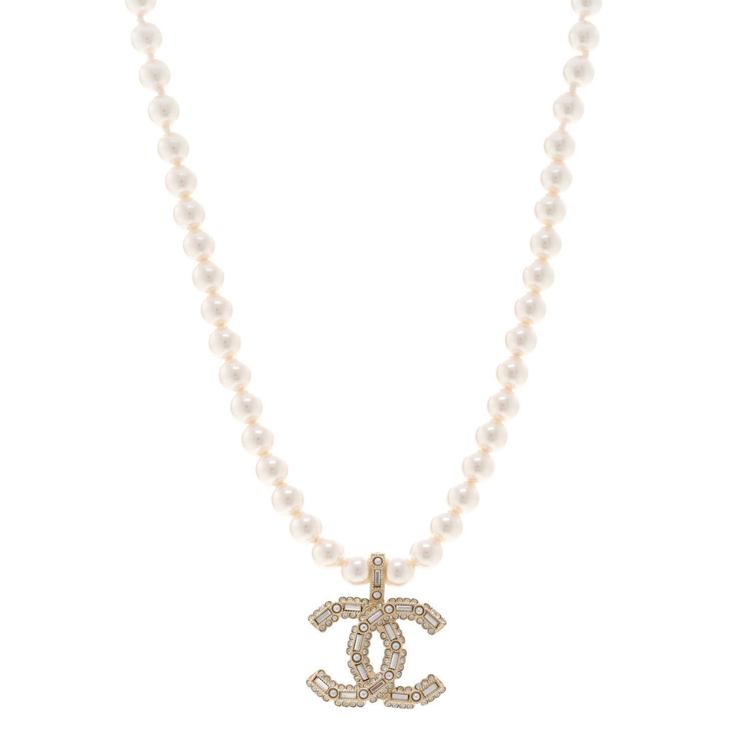 Pearl Crystal Baguette CC Short Necklace Gold